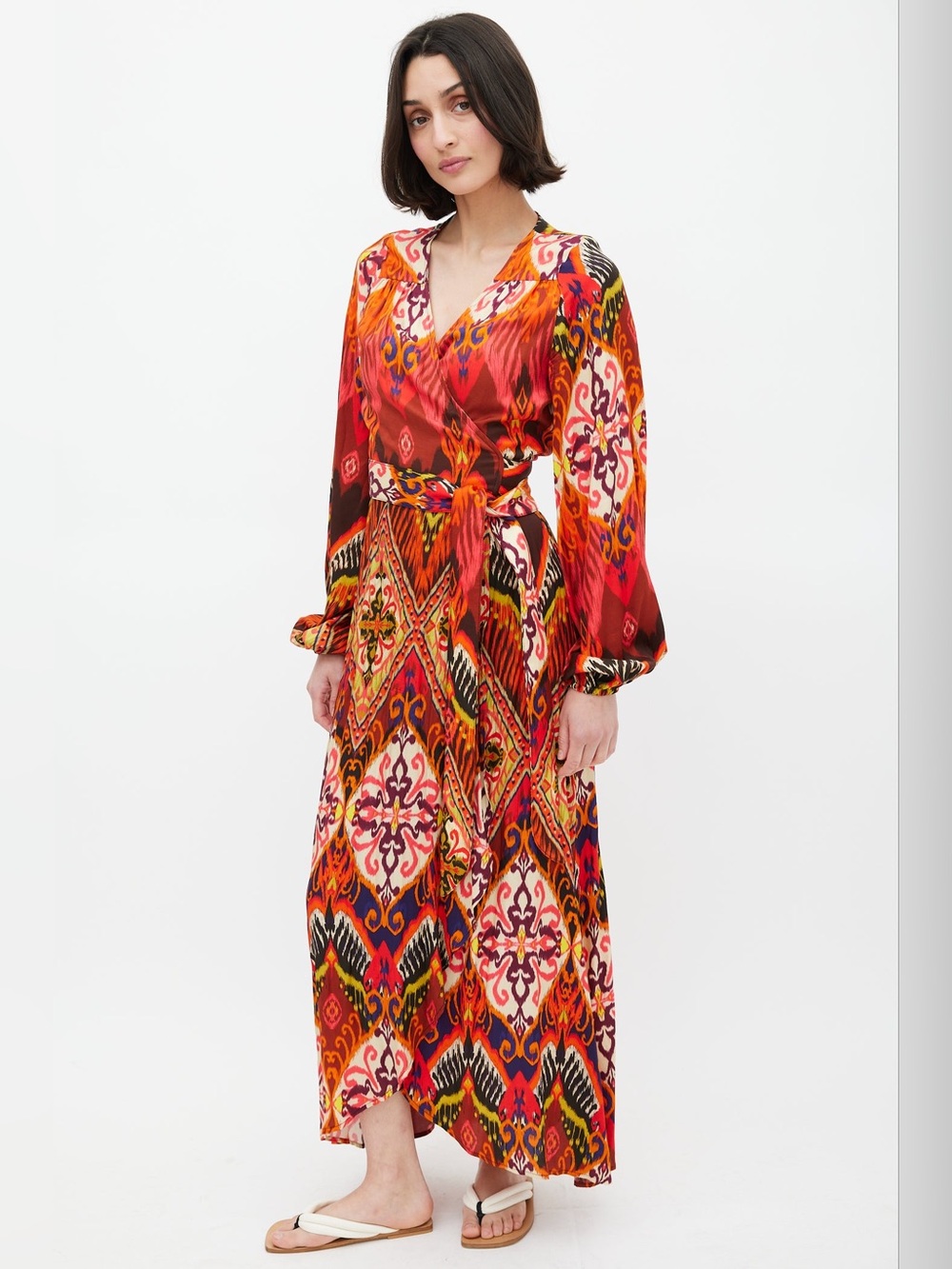 SMYTHE Red & Multi Ikat Printed Hostess Wrap Dress